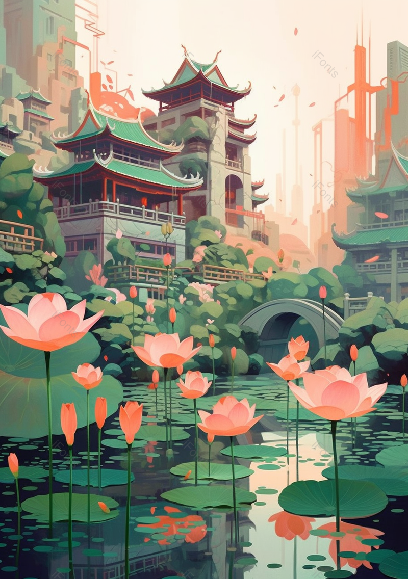 古代园林的池塘里盛开着的荷花美好舒适植物风景插画壁纸背景,插画/手绘图,插画/手绘图库,插画/手绘图下载,插画/手绘